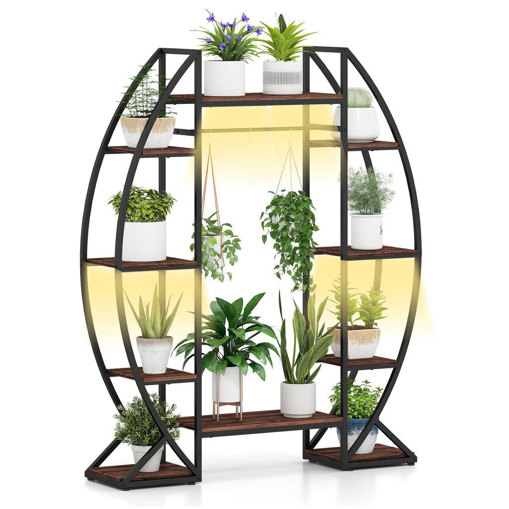 63" Tall 10-Tier Metal Plant Stand with Grow Lights - Brown