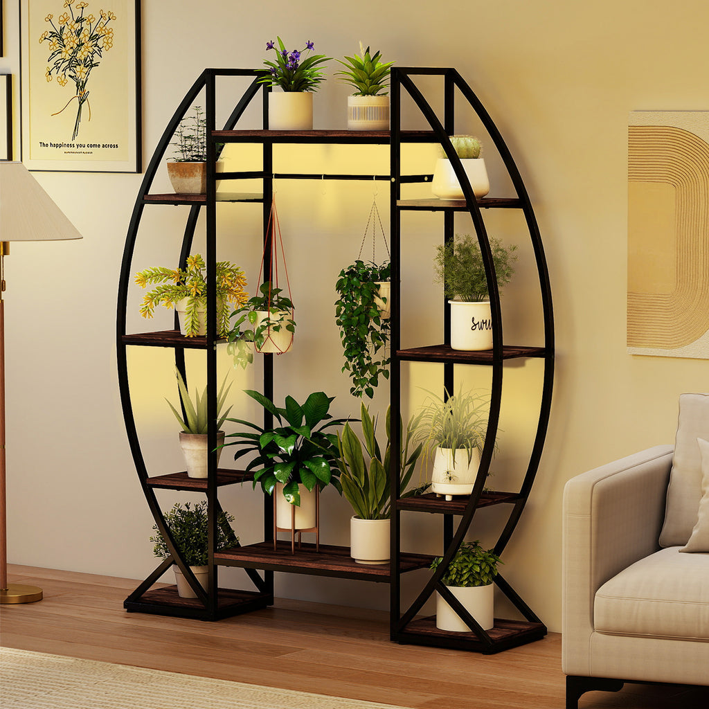 63" Tall 10-Tier Metal Plant Stand with Grow Lights - Brown