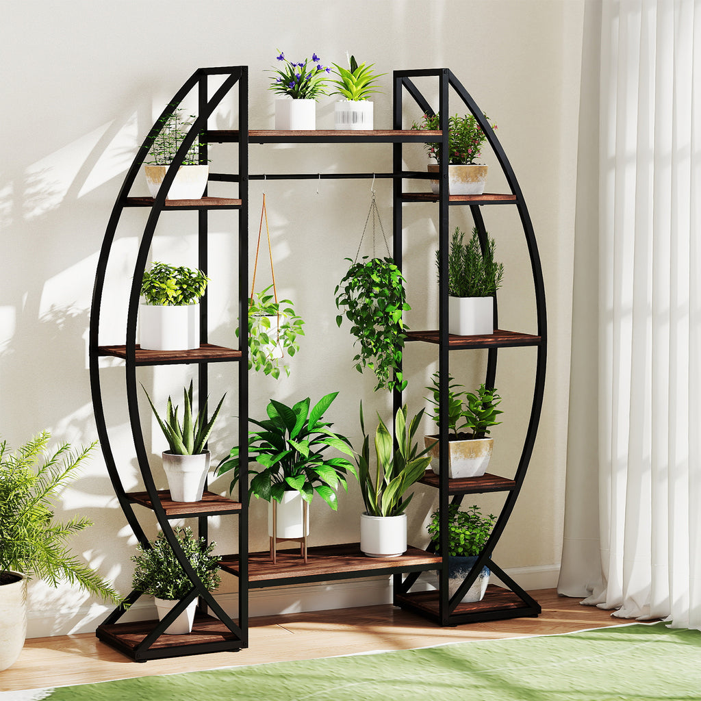 63" Tall 10-Tier Metal Plant Stand with Grow Lights - Brown