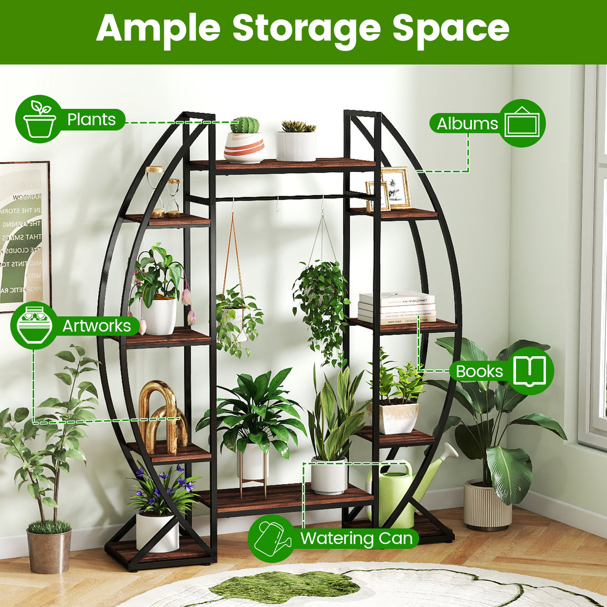 63" Tall 10-Tier Metal Plant Stand with Grow Lights - Brown