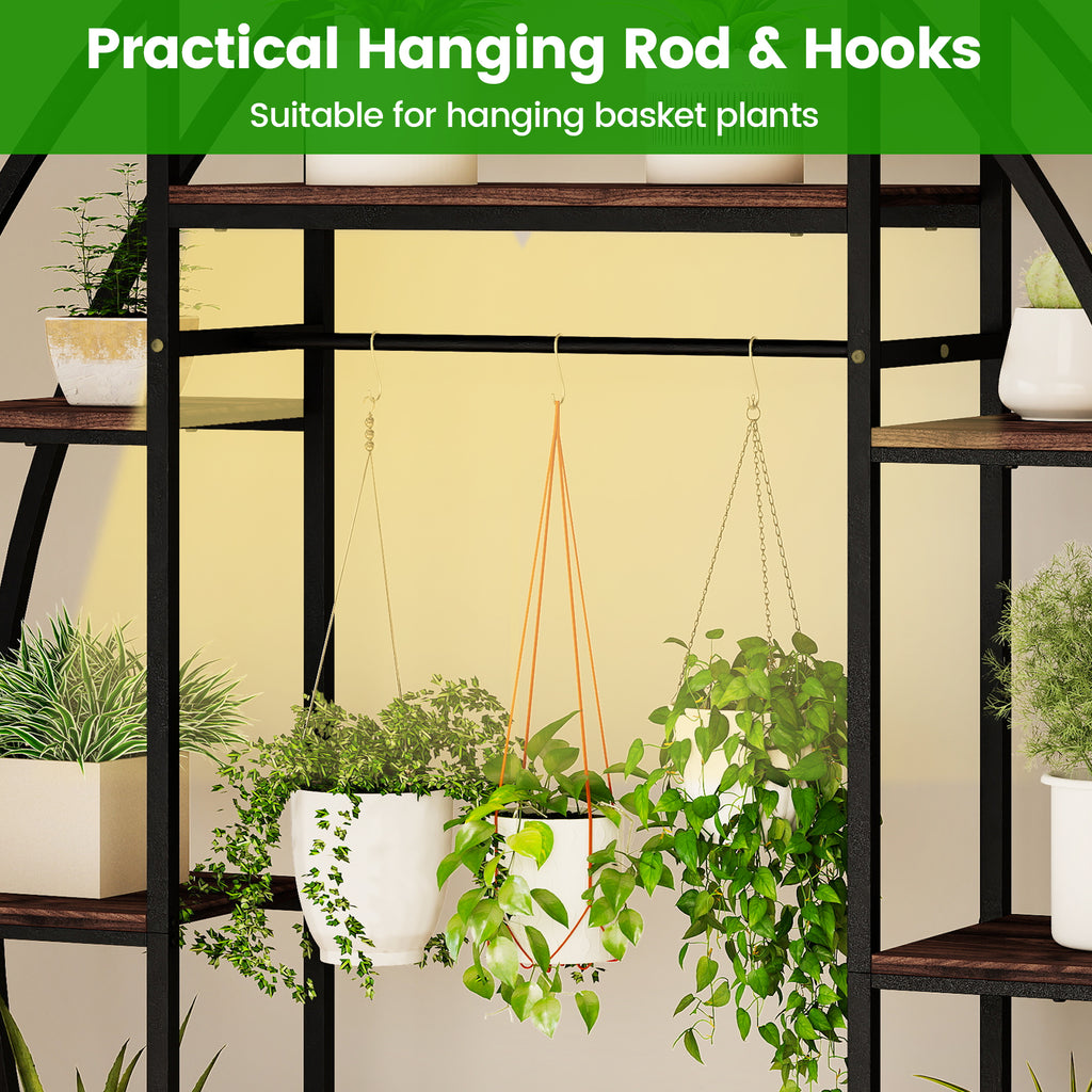63" Tall 10-Tier Metal Plant Stand with Grow Lights - Brown