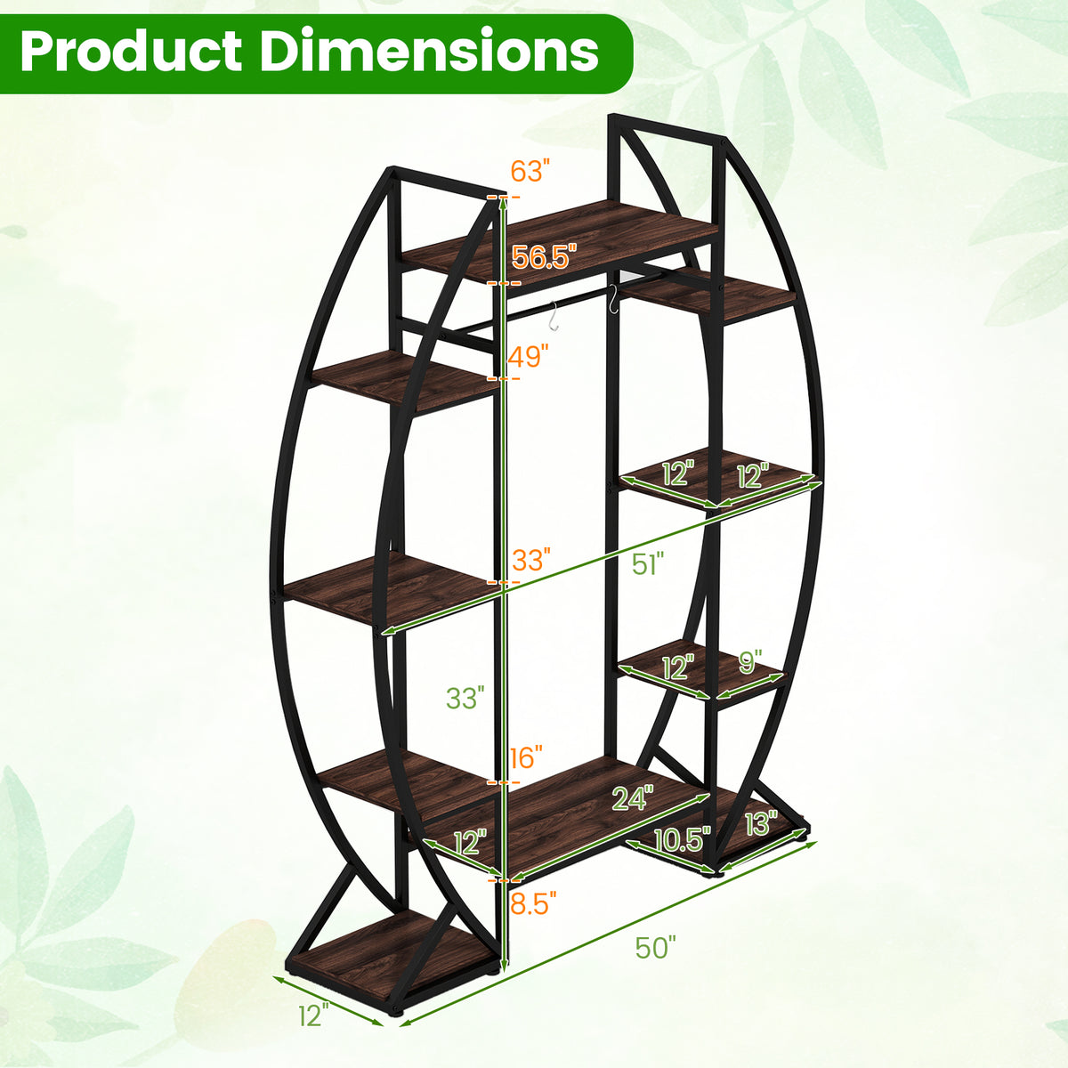 63" Tall 10-Tier Metal Plant Stand with Grow Lights - Brown