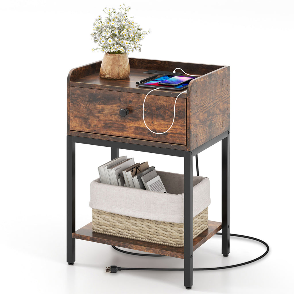Industrial Nightstand with Charging Station, Rustic Brown