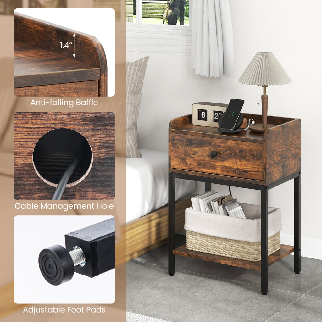 Industrial Nightstand with Charging Station, Rustic Brown