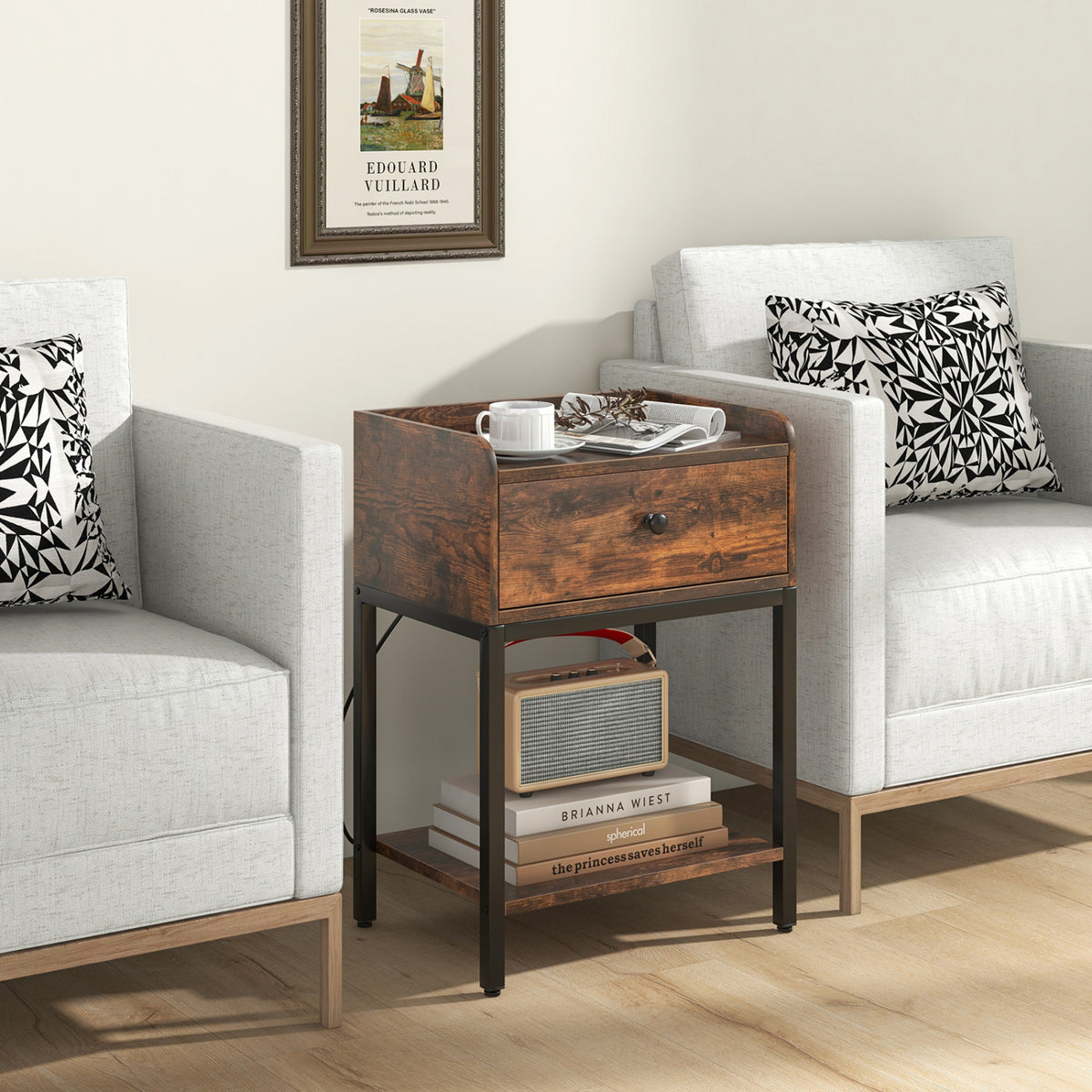 Industrial Nightstand with Charging Station, Rustic Brown