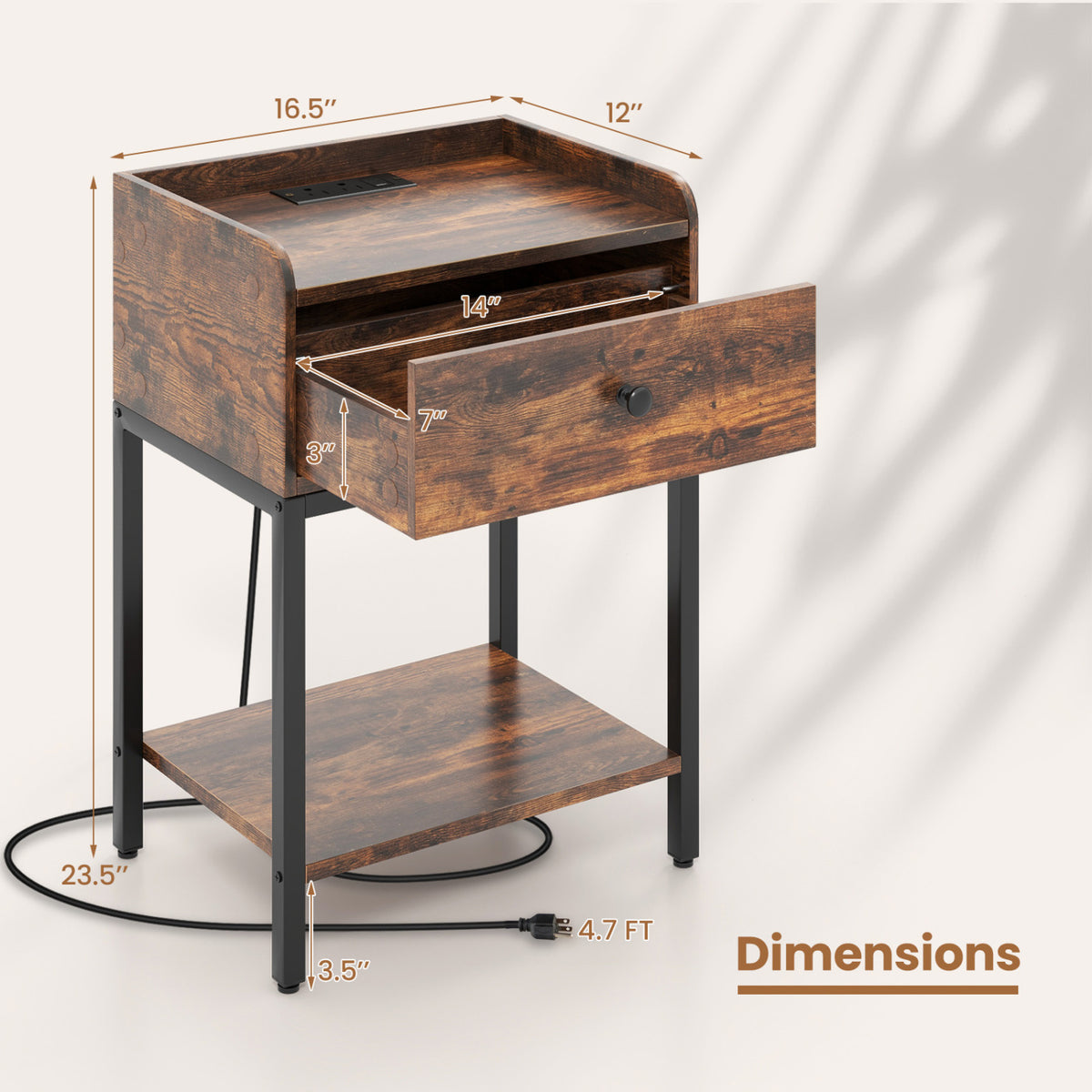 Industrial Nightstand with Charging Station, Rustic Brown