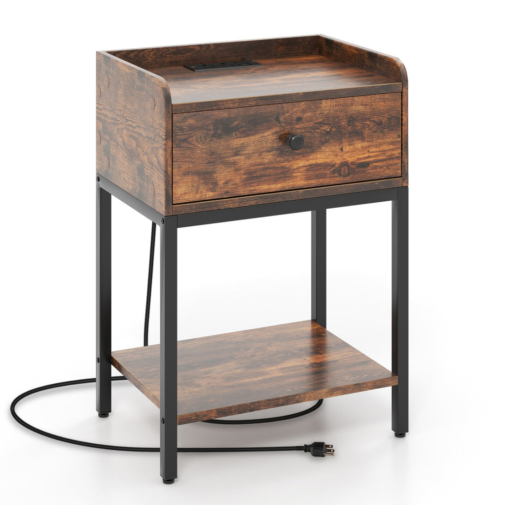 Industrial Nightstand with Charging Station, Rustic Brown