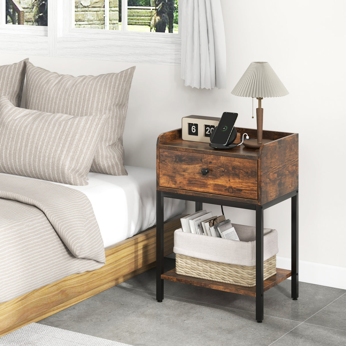 Industrial Nightstand with Charging Station, Rustic Brown