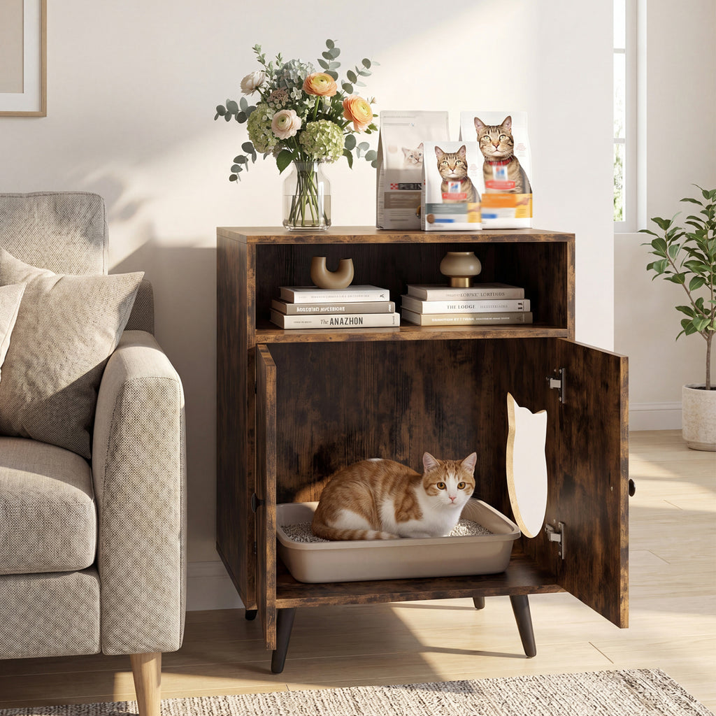 Brown Cat Litter Box Enclosure with Entry & Open Storage - Costway