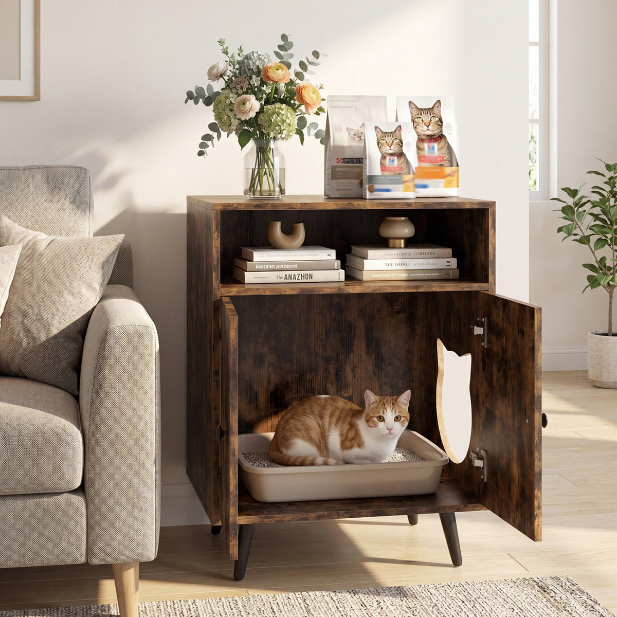 Brown Cat Litter Box Enclosure with Entry & Open Storage - Costway