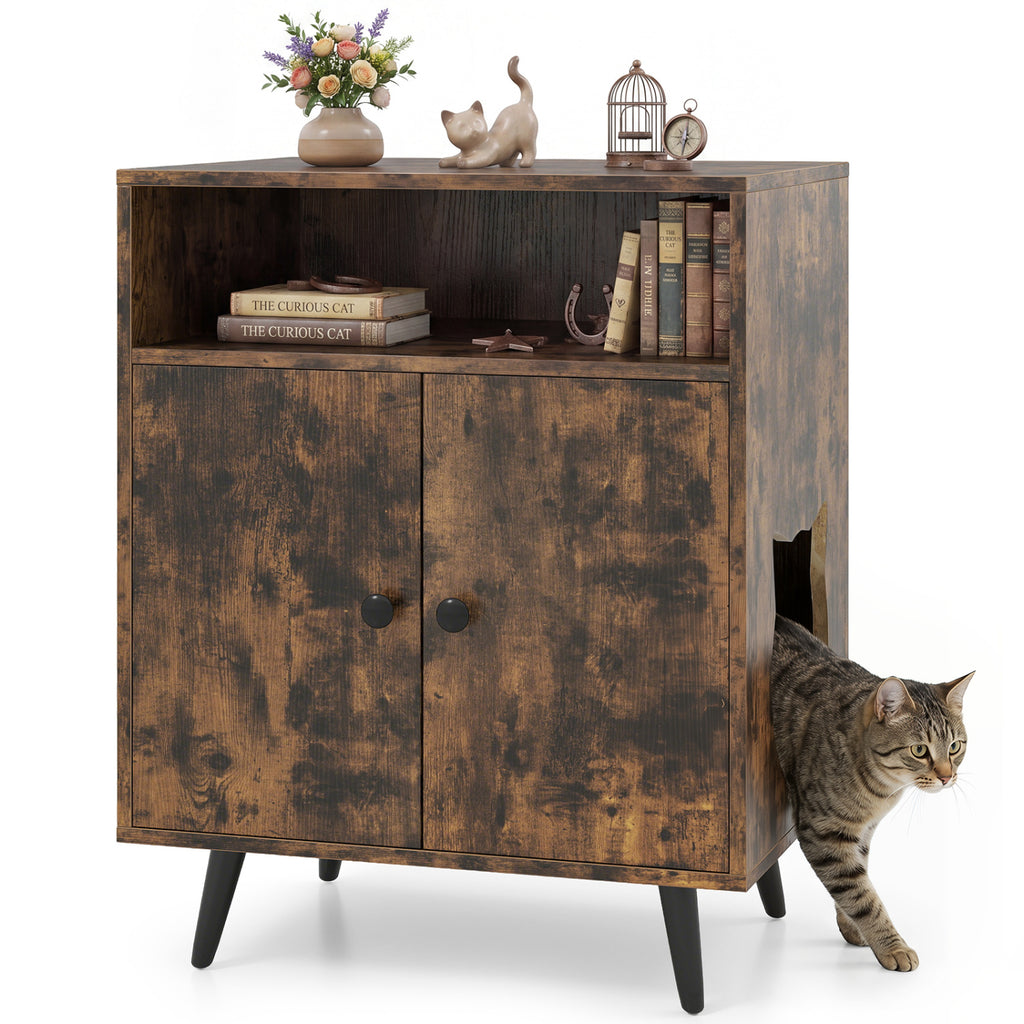 Brown Cat Litter Box Enclosure with Entry & Open Storage - Costway