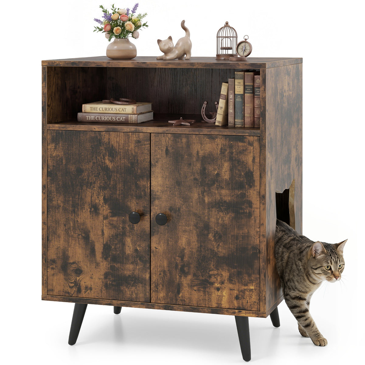Brown Cat Litter Box Enclosure with Entry & Open Storage - Costway