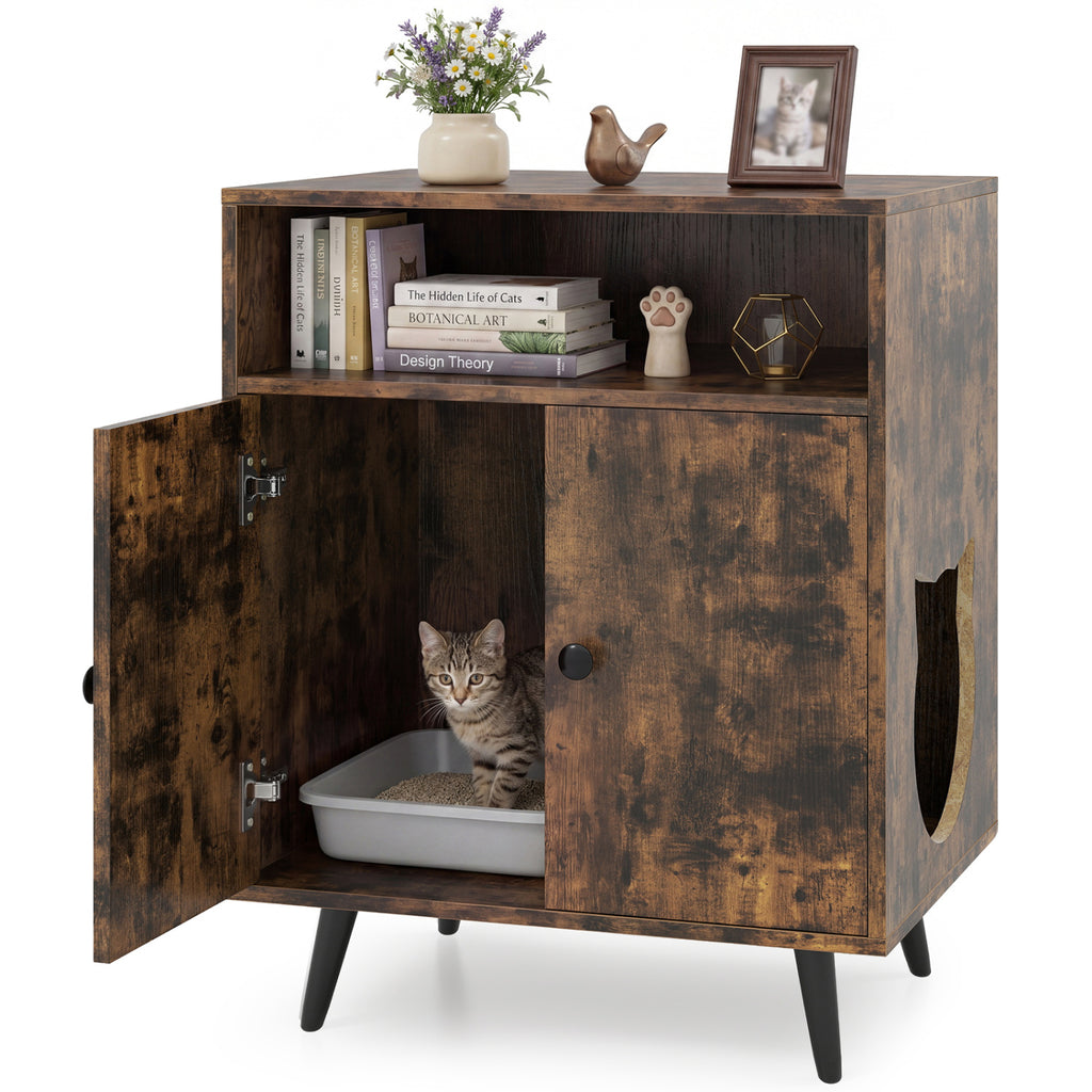 Brown Cat Litter Box Enclosure with Entry & Open Storage - Costway