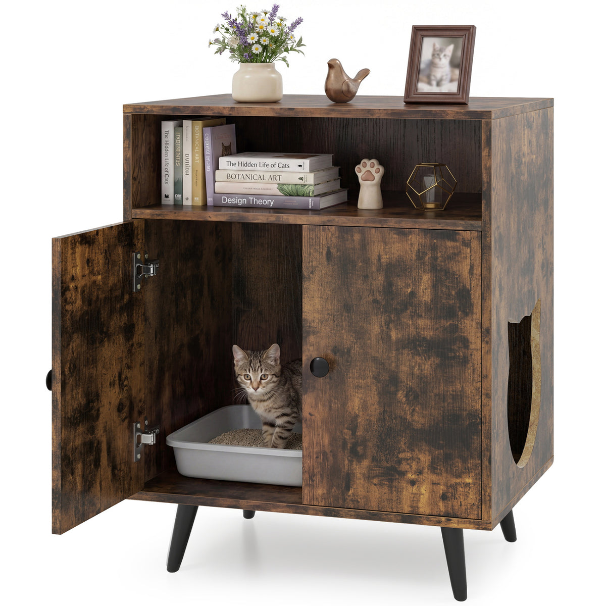 Brown Cat Litter Box Enclosure with Entry & Open Storage - Costway