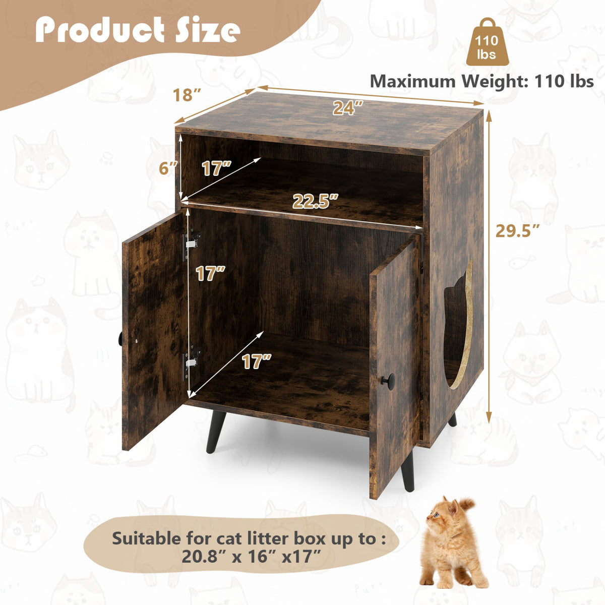 Brown Cat Litter Box Enclosure with Entry & Open Storage - Costway