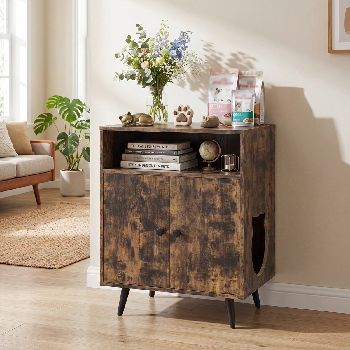 Brown Cat Litter Box Enclosure with Entry & Open Storage - Costway