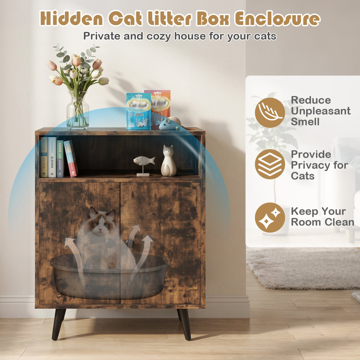 Brown Cat Litter Box Enclosure with Entry & Open Storage - Costway