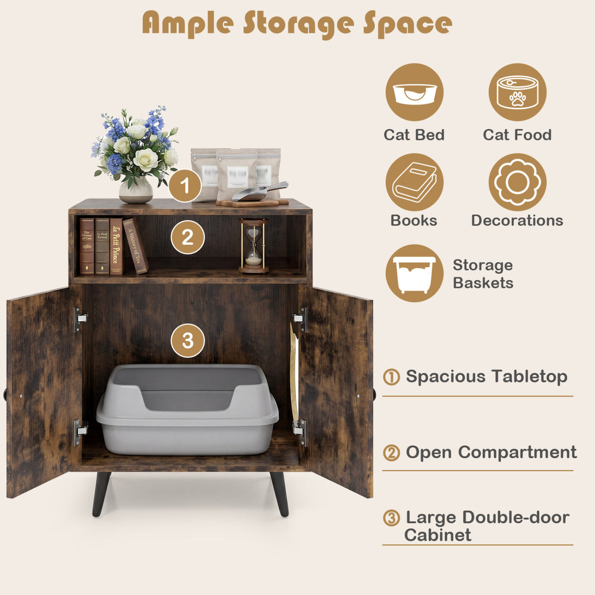 Brown Cat Litter Box Enclosure with Entry & Open Storage - Costway