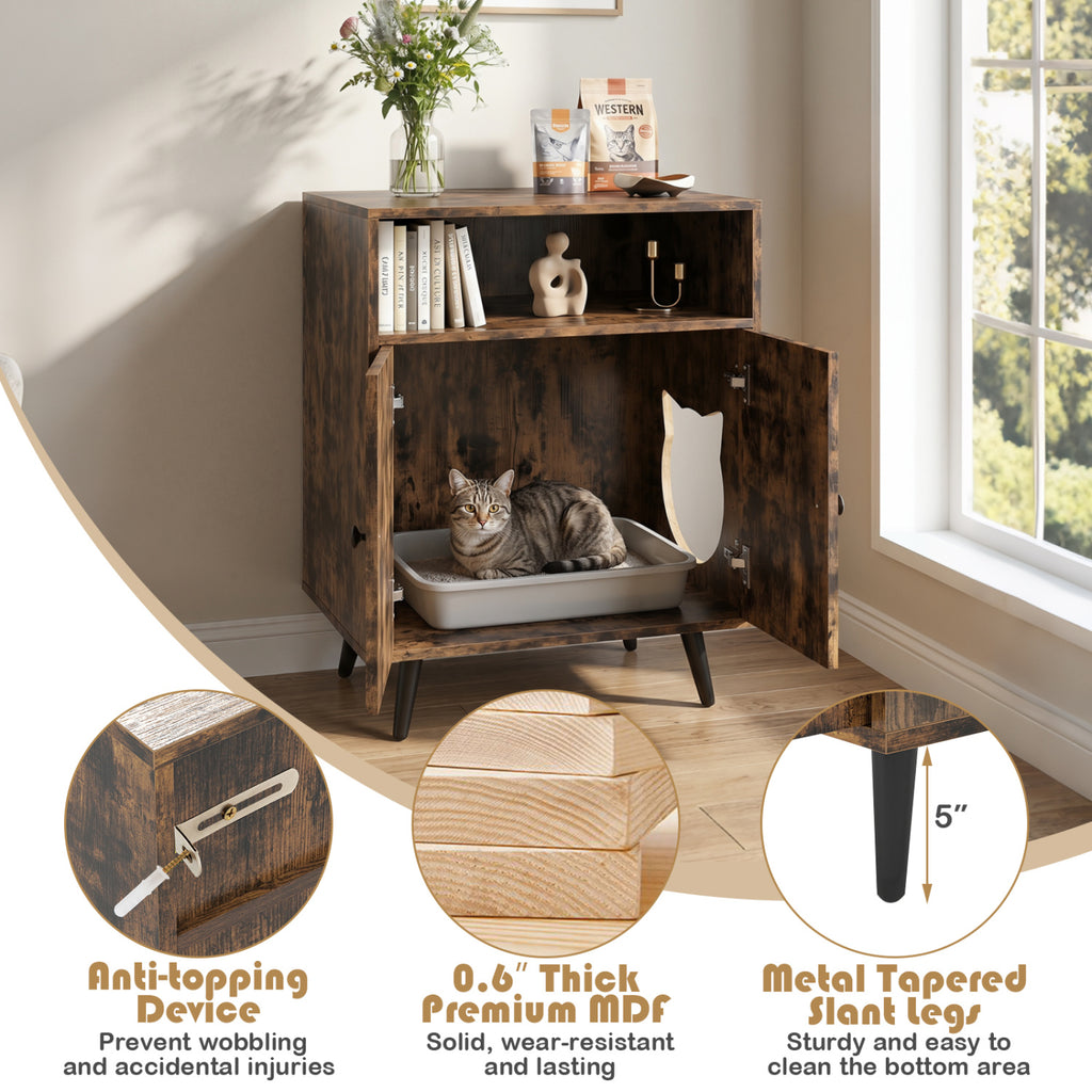 Brown Cat Litter Box Enclosure with Entry & Open Storage - Costway