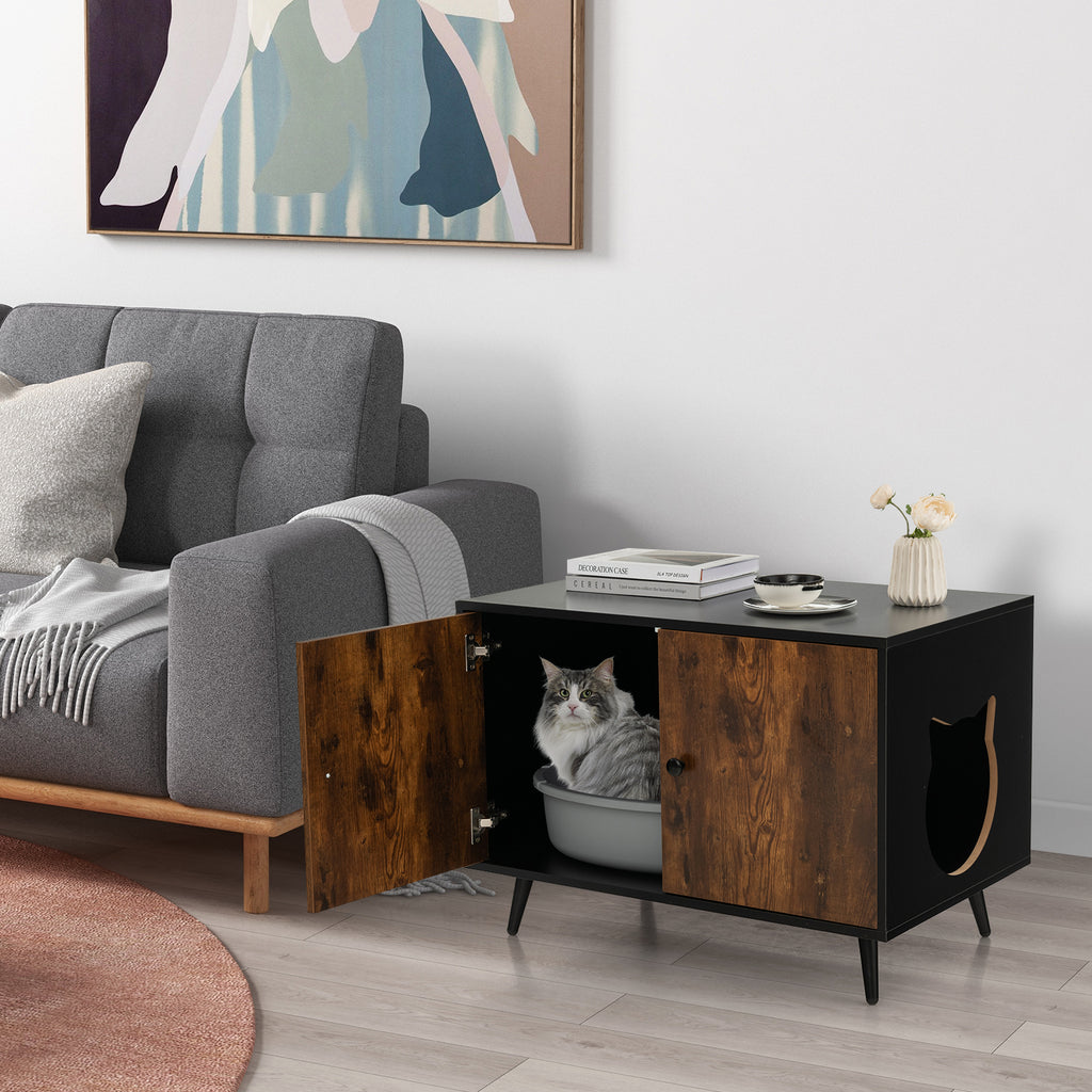 Cat Litter Box Enclosure with Divider & Cat-Shaped Entry - Large Cabinet