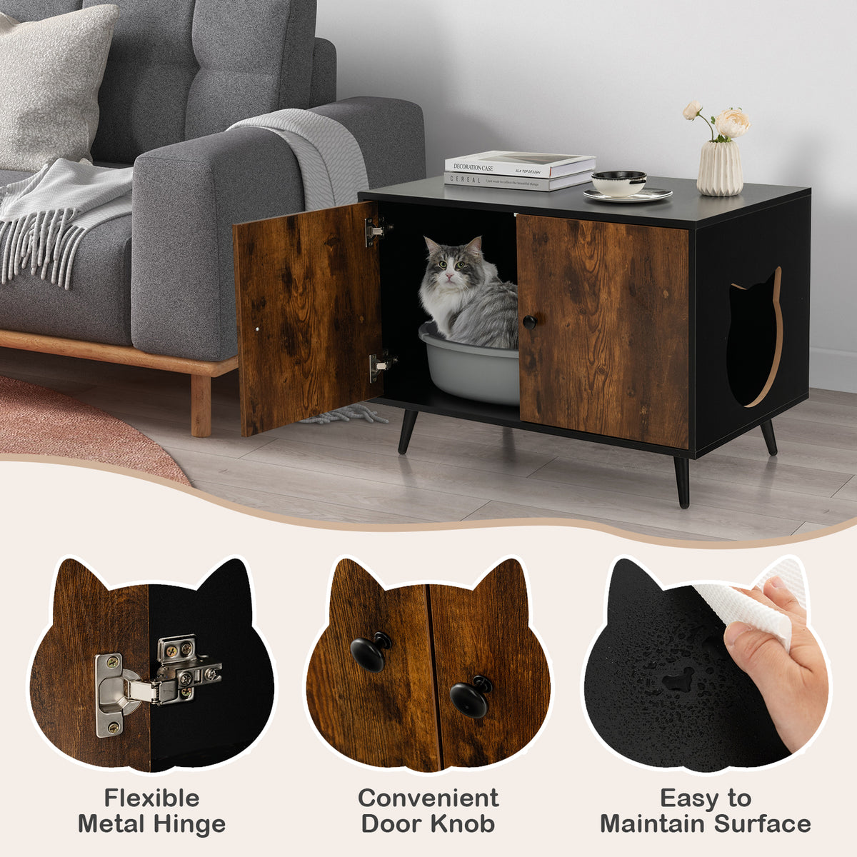 Cat Litter Box Enclosure with Divider & Cat-Shaped Entry - Large Cabinet