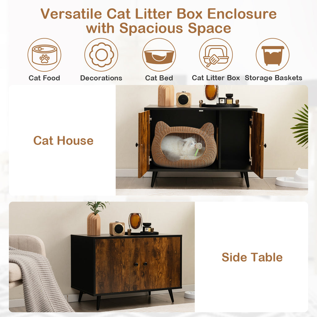 Cat Litter Box Enclosure with Divider & Cat-Shaped Entry - Large Cabinet