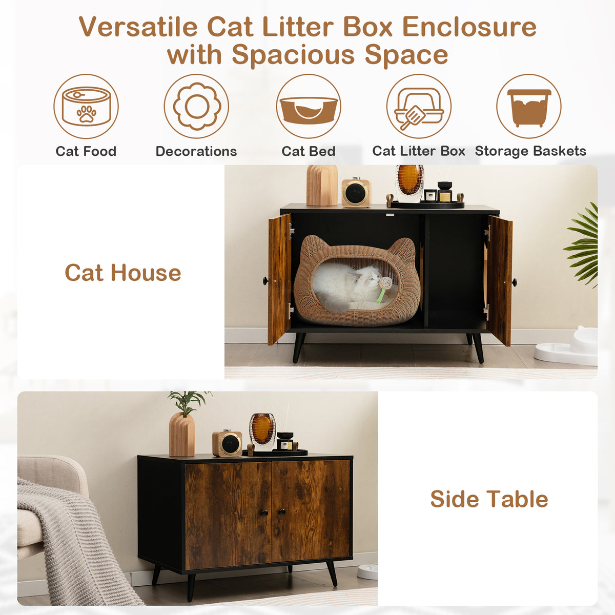 Cat Litter Box Enclosure with Divider & Cat-Shaped Entry - Large Cabinet