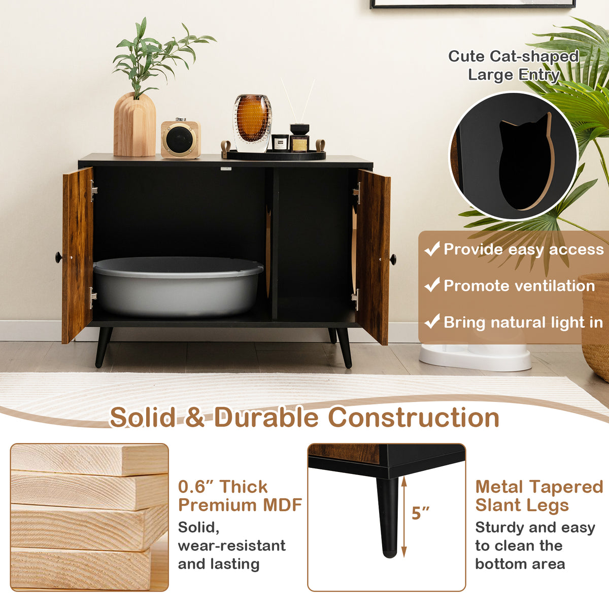 Cat Litter Box Enclosure with Divider & Cat-Shaped Entry - Large Cabinet