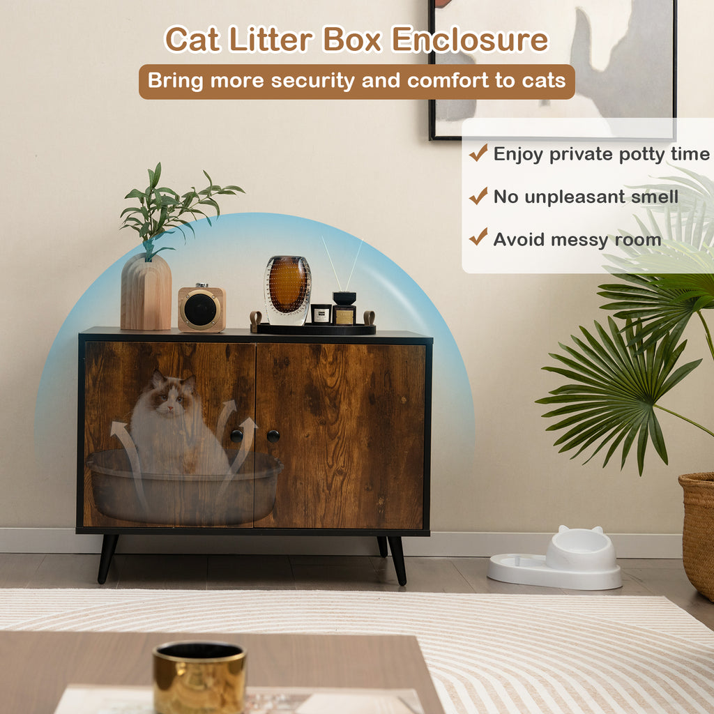 Cat Litter Box Enclosure with Divider & Cat-Shaped Entry - Large Cabinet