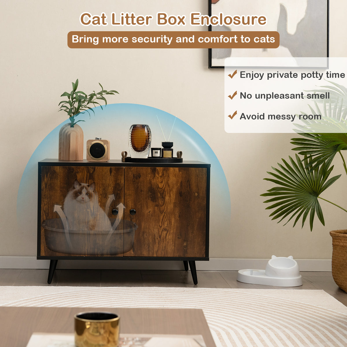Cat Litter Box Enclosure with Divider & Cat-Shaped Entry - Large Cabinet
