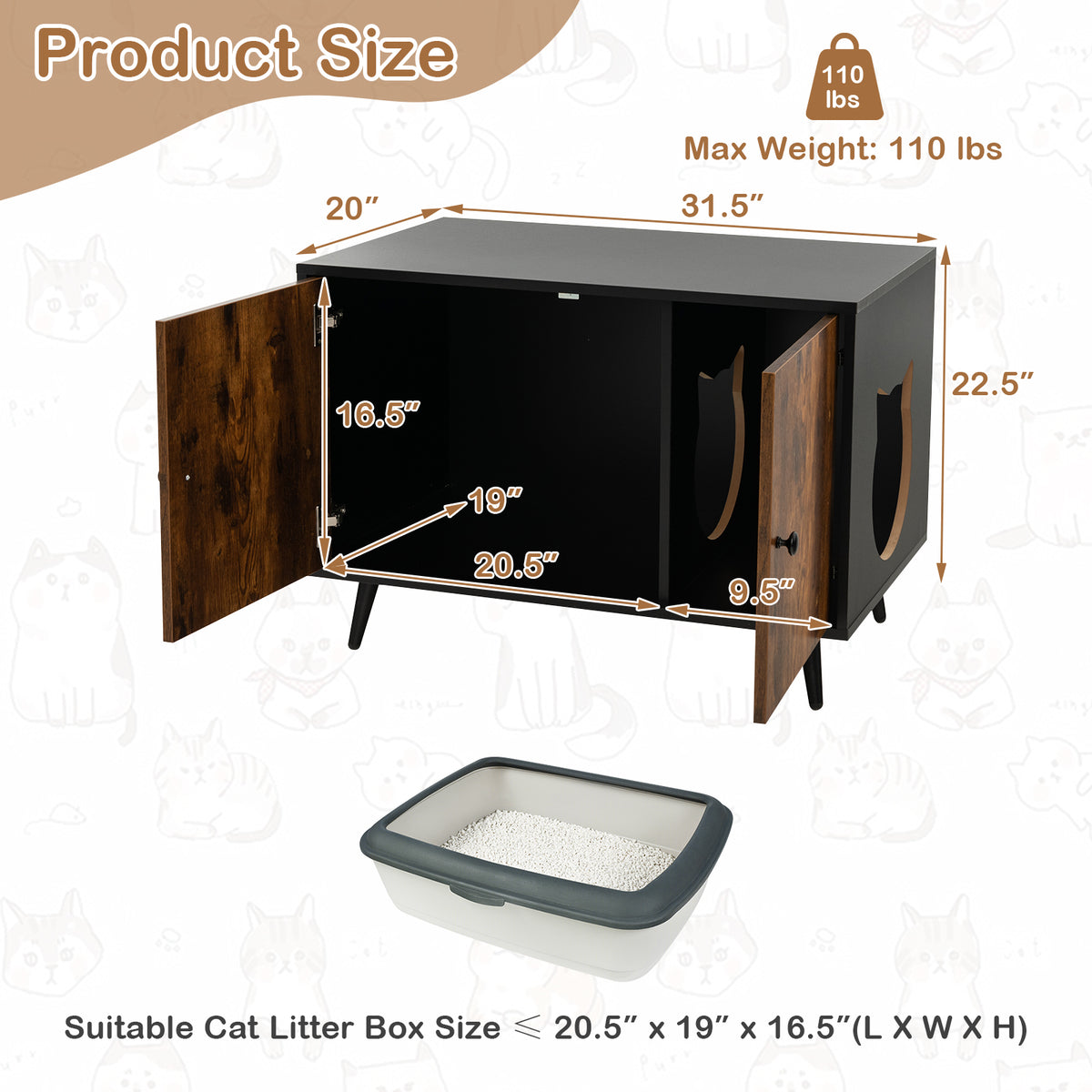Cat Litter Box Enclosure with Divider & Cat-Shaped Entry - Large Cabinet
