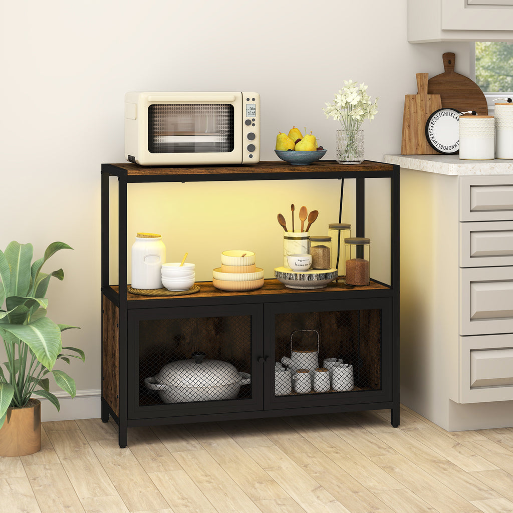 Coffee Bar Cabinet with LED Lights and Charging Station - Rustic Brown