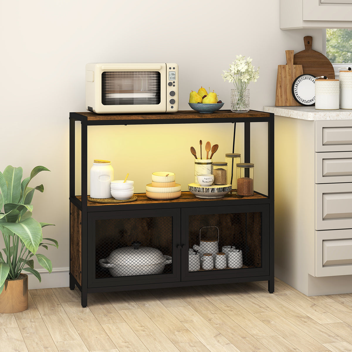 Coffee Bar Cabinet with LED Lights and Charging Station - Rustic Brown