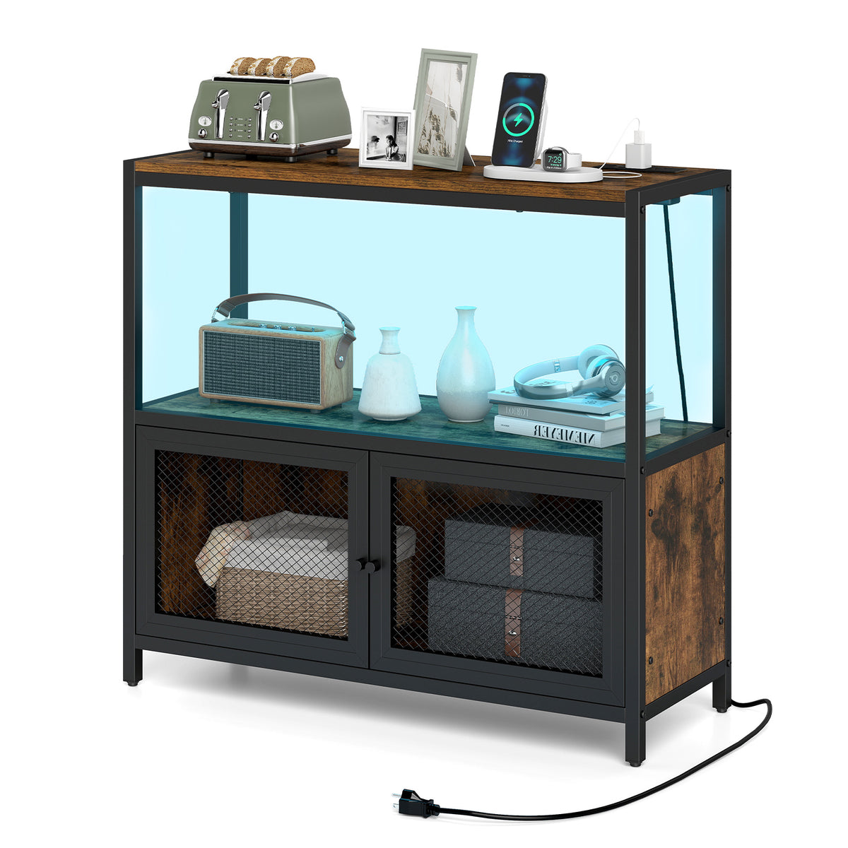 Coffee Bar Cabinet with LED Lights and Charging Station - Rustic Brown
