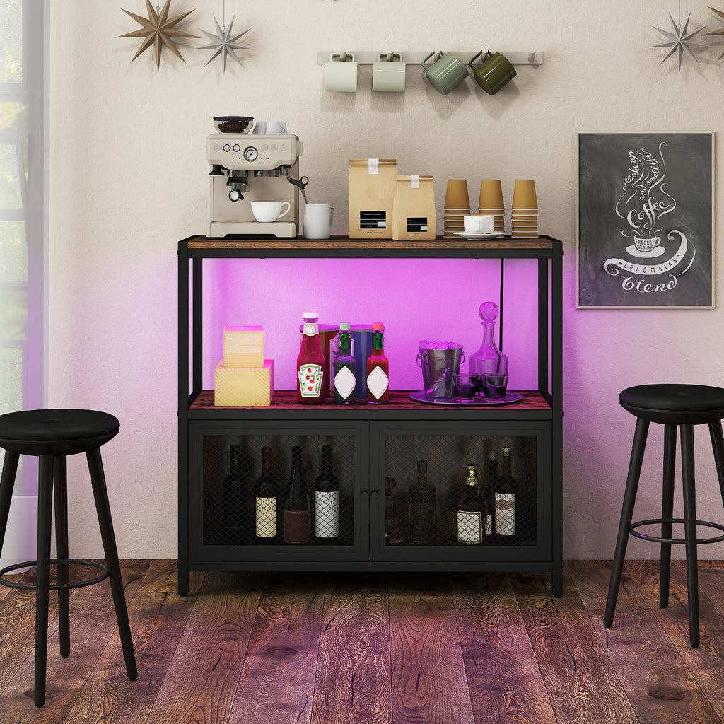 Coffee Bar Cabinet with LED Lights and Charging Station - Rustic Brown