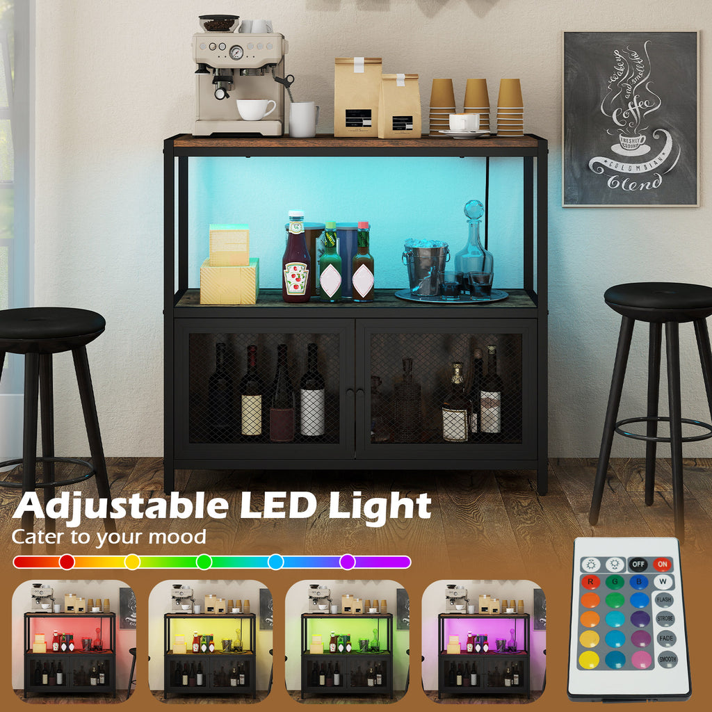 Coffee Bar Cabinet with LED Lights and Charging Station - Rustic Brown