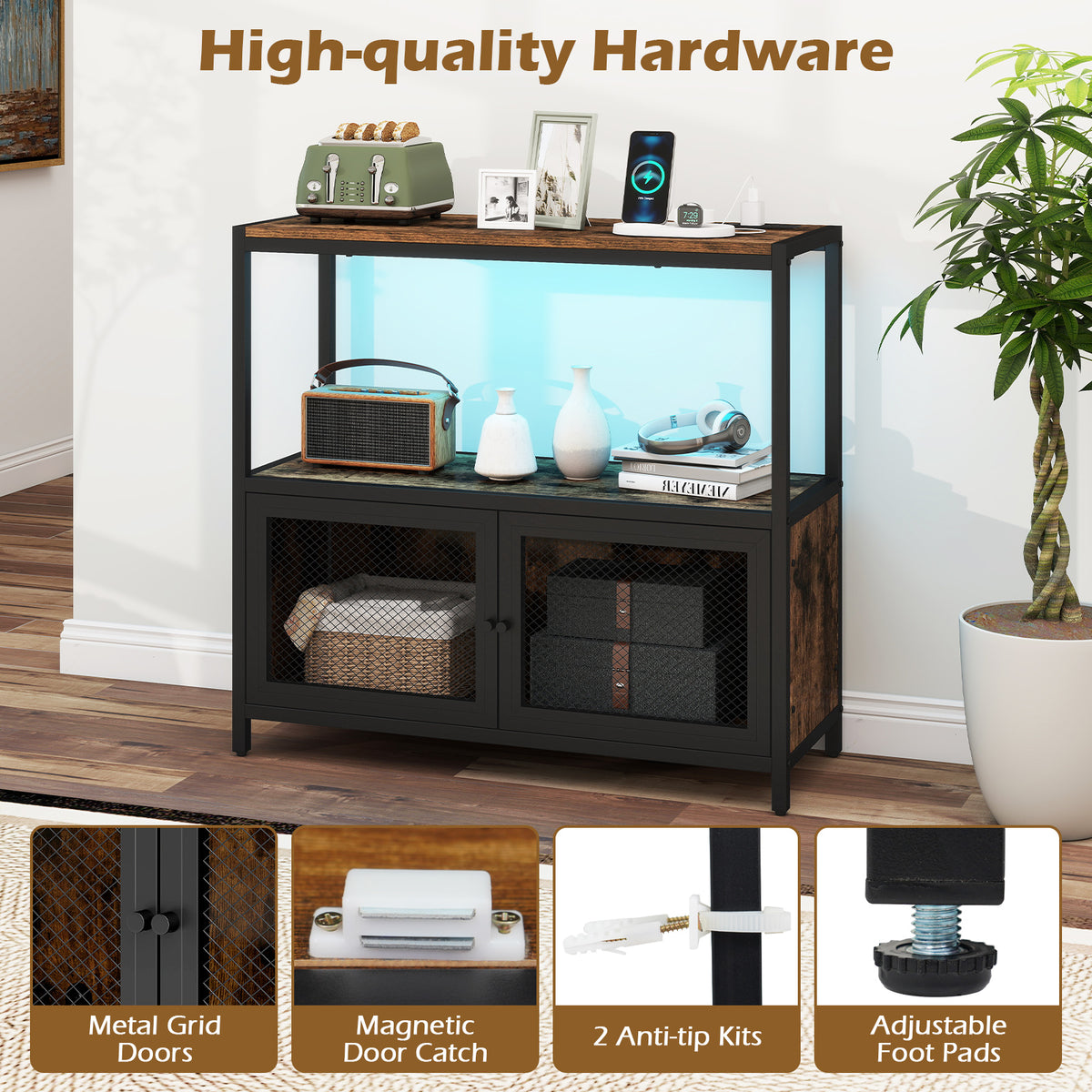 Coffee Bar Cabinet with LED Lights and Charging Station - Rustic Brown