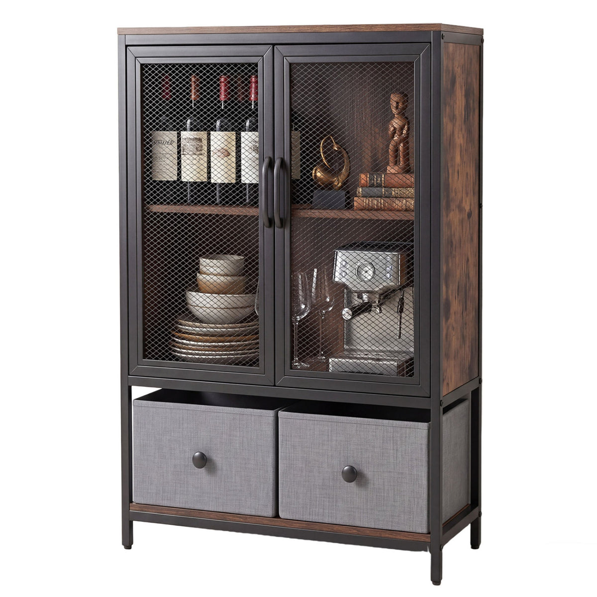 Industrial Coffee Bar Cabinet with 2-Tier Storage - Rustic Brown
