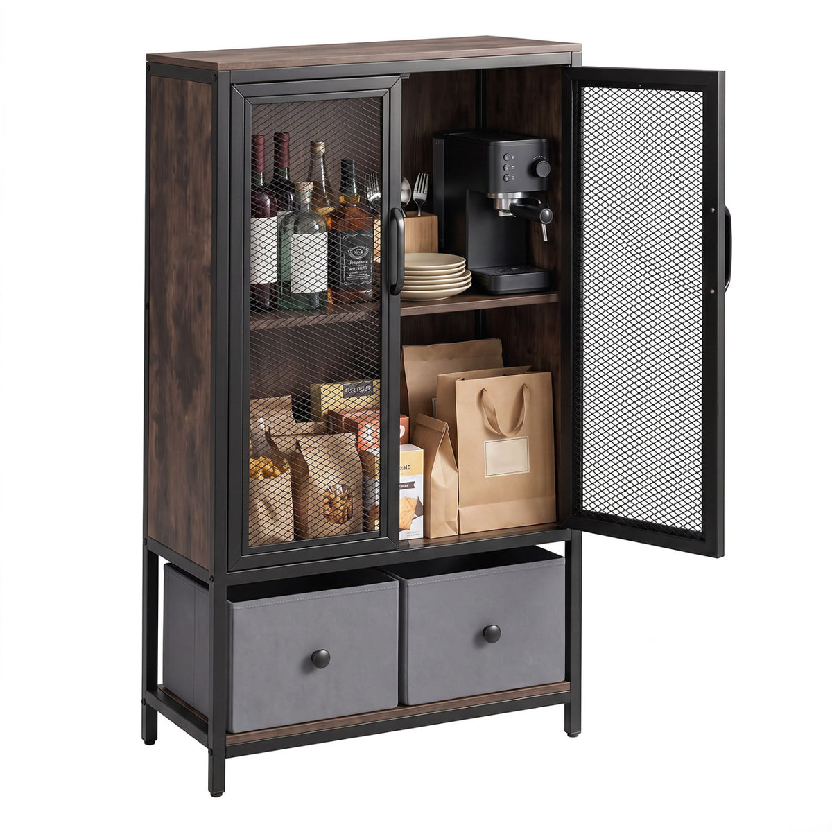 Industrial Coffee Bar Cabinet with 2-Tier Storage - Rustic Brown
