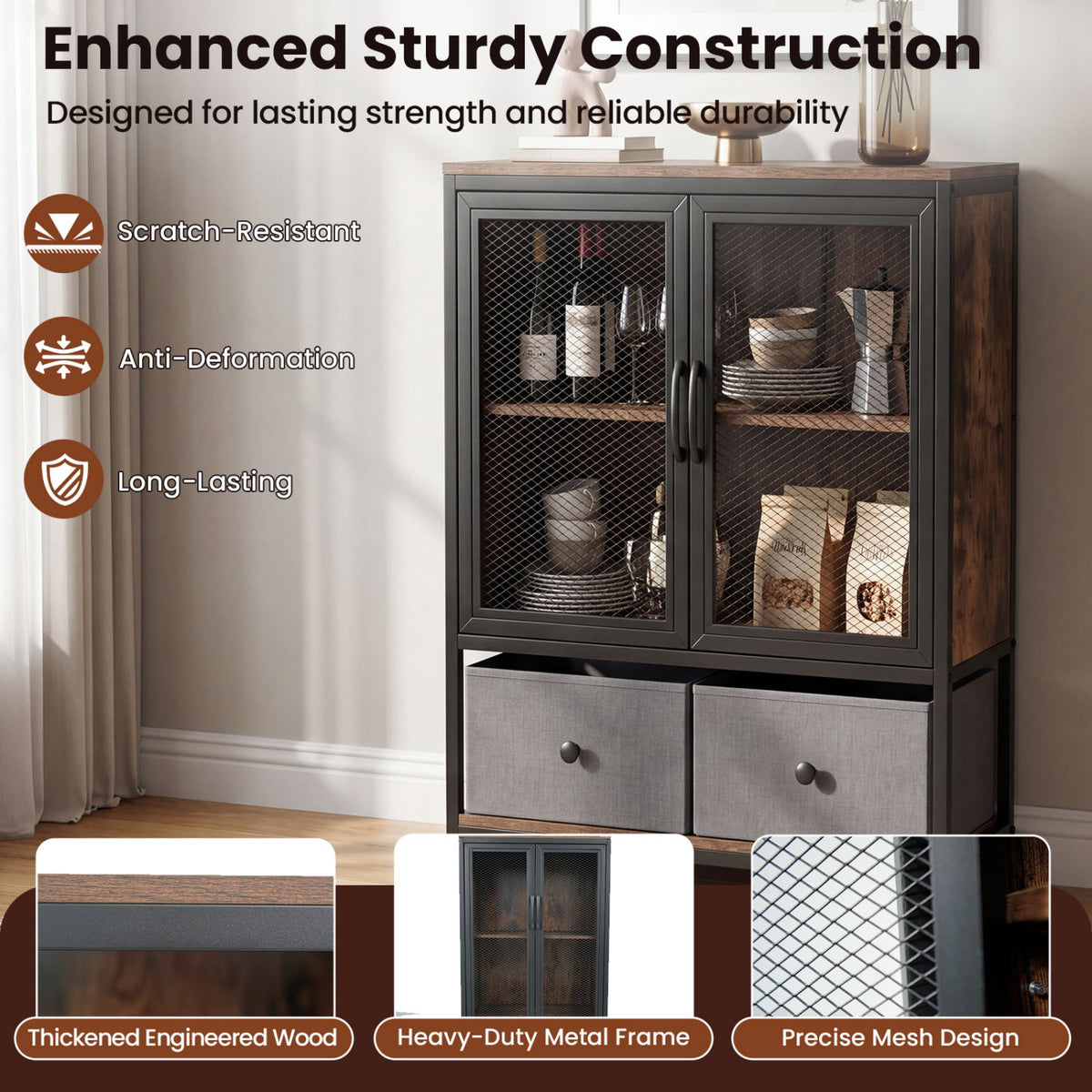 Industrial Coffee Bar Cabinet with 2-Tier Storage - Rustic Brown