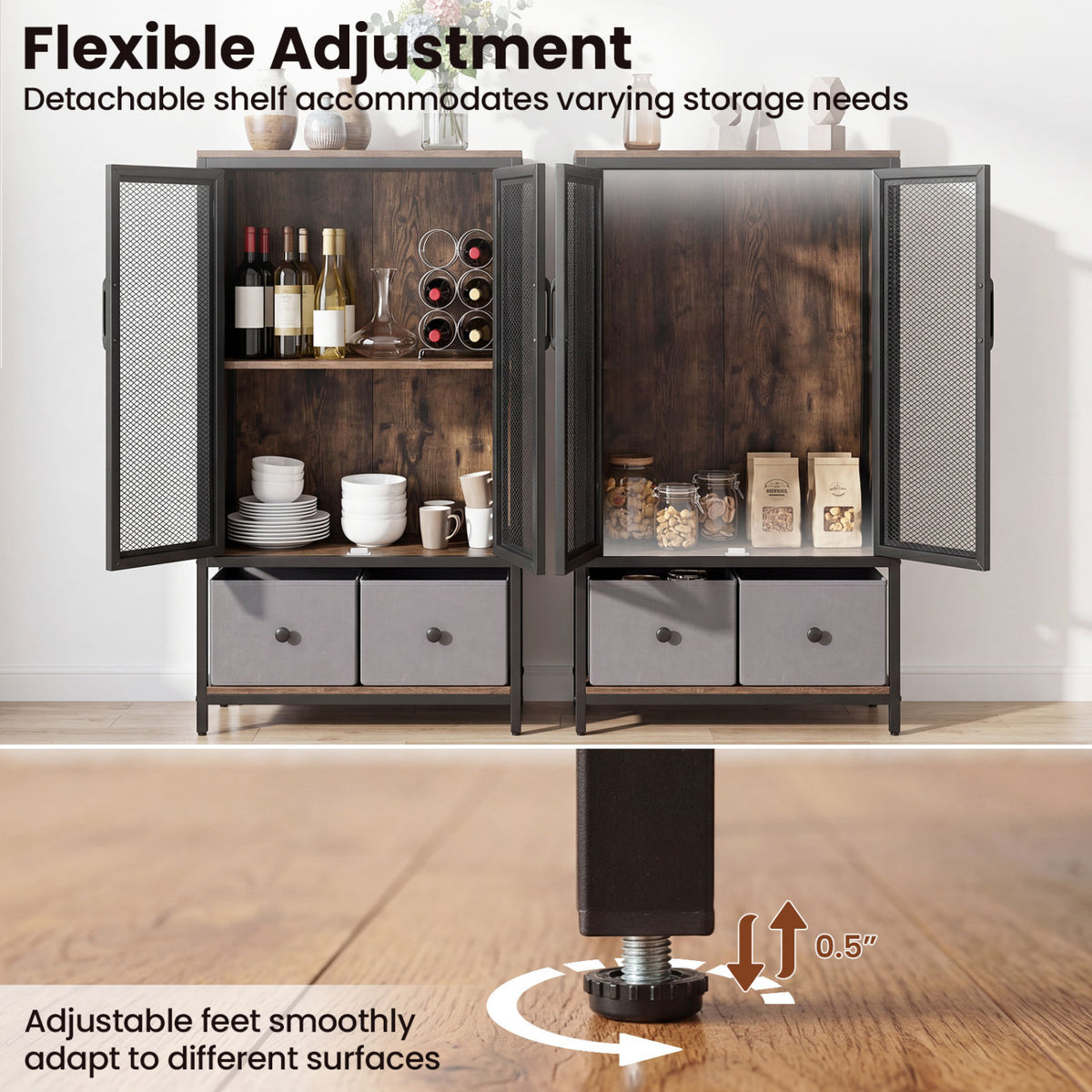 Industrial Coffee Bar Cabinet with 2-Tier Storage - Rustic Brown