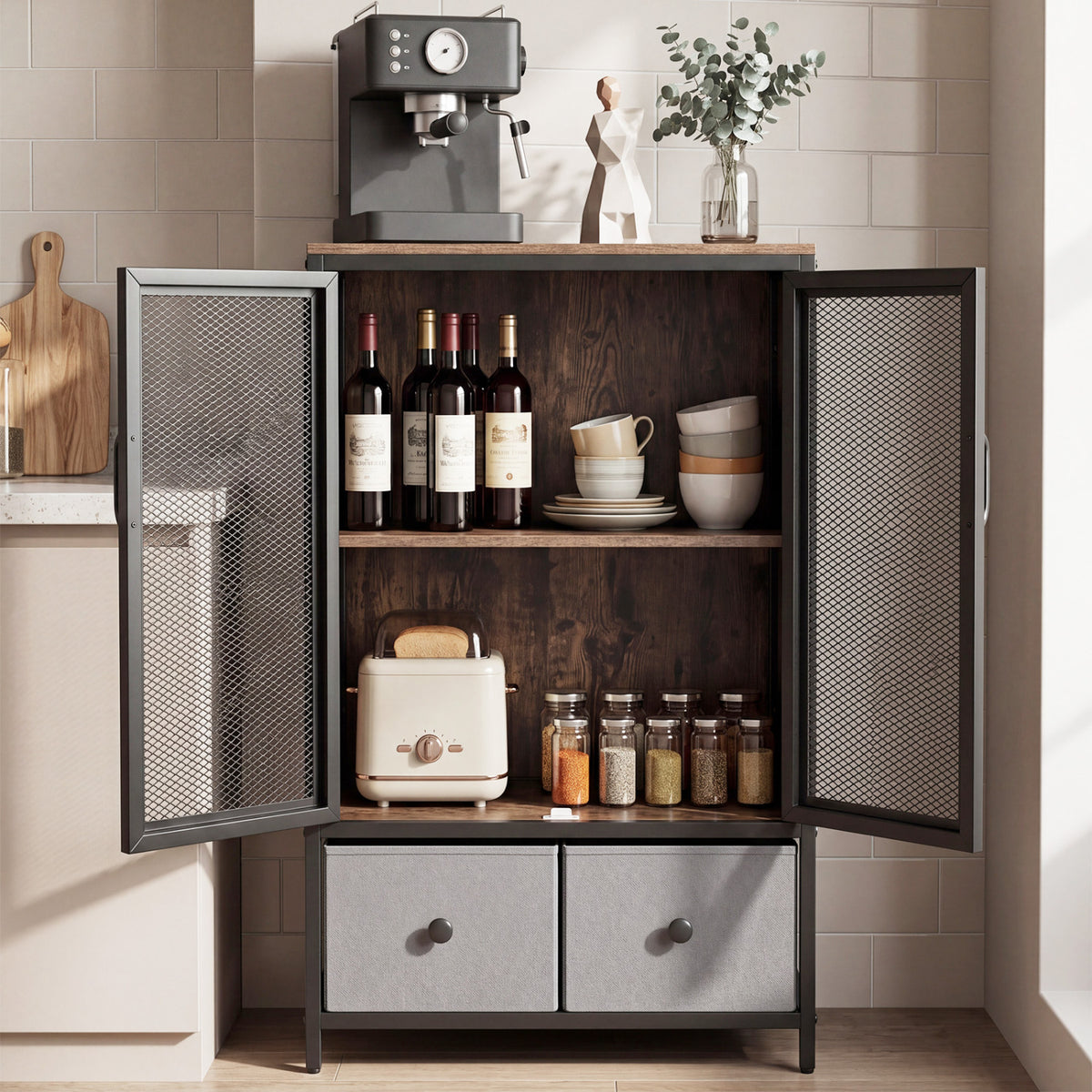 Industrial Coffee Bar Cabinet with 2-Tier Storage - Rustic Brown