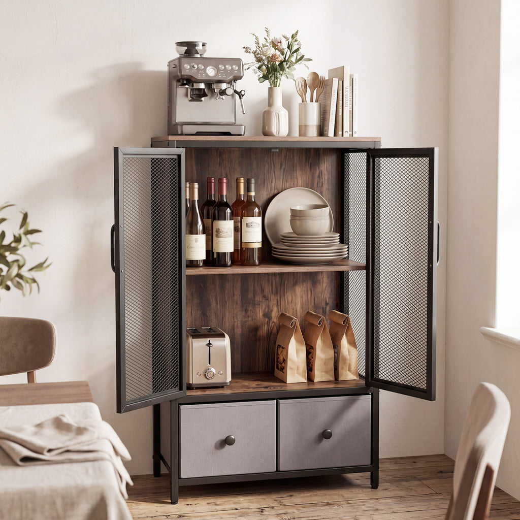 Industrial Coffee Bar Cabinet with 2-Tier Storage - Rustic Brown