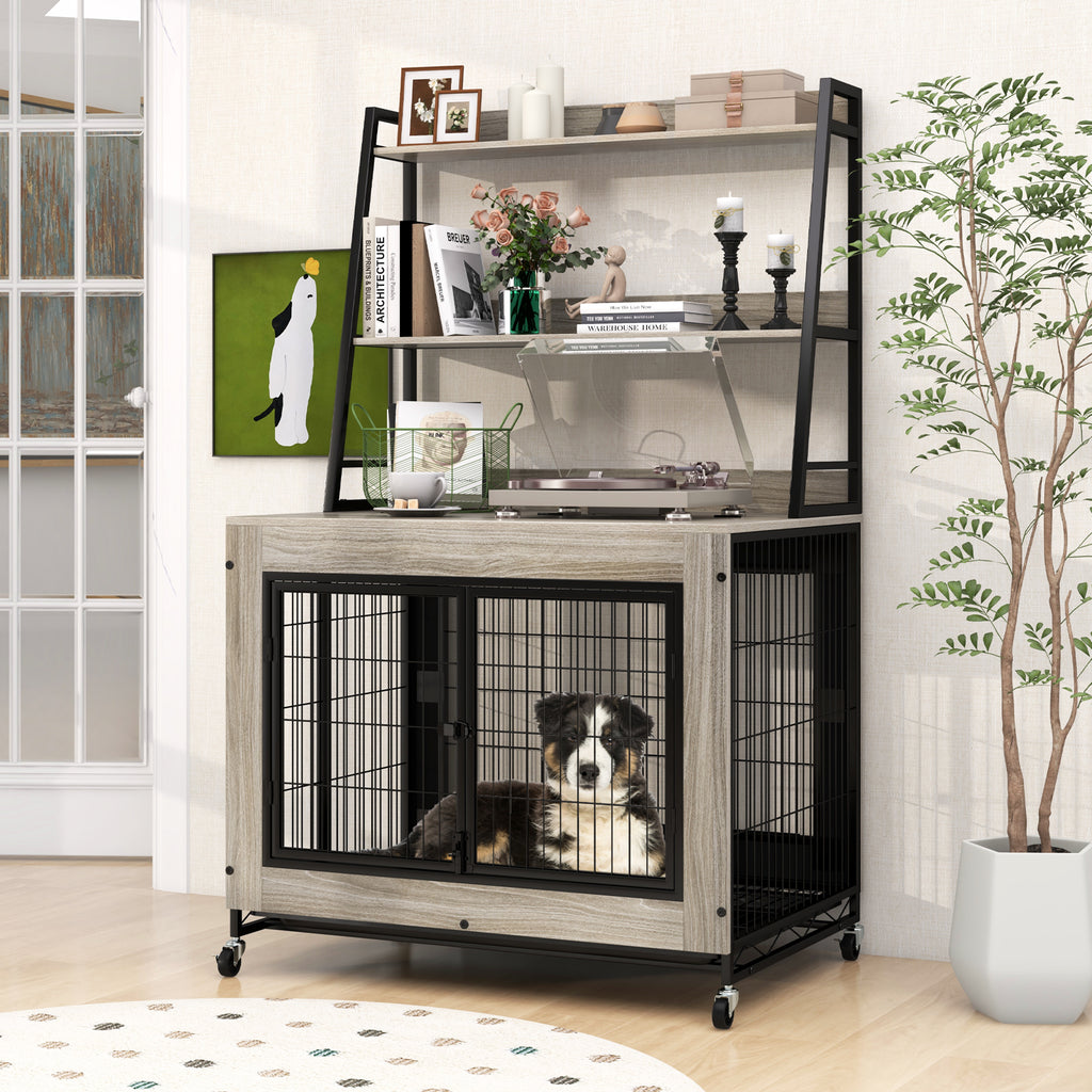 Gray Industrial Dog Kennel with Storage Shelf and Adjustable Side Door