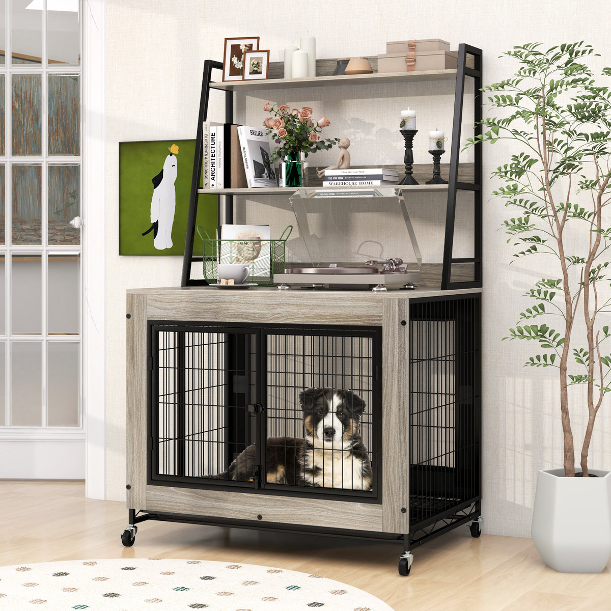 Gray Industrial Dog Kennel with Storage Shelf and Adjustable Side Door