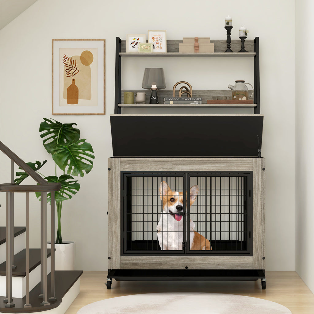 Gray Industrial Dog Kennel with Storage Shelf and Adjustable Side Door