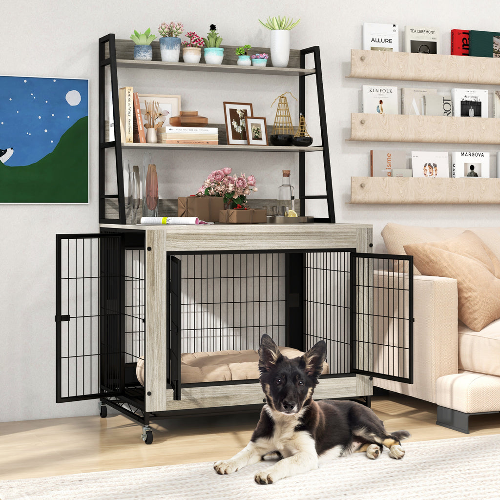 Gray Industrial Dog Kennel with Storage Shelf and Adjustable Side Door