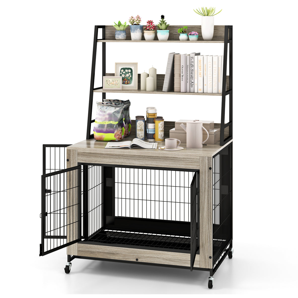 Gray Industrial Dog Kennel with Storage Shelf and Adjustable Side Door