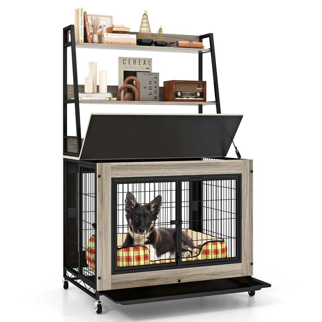 Gray Industrial Dog Kennel with Storage Shelf and Adjustable Side Door