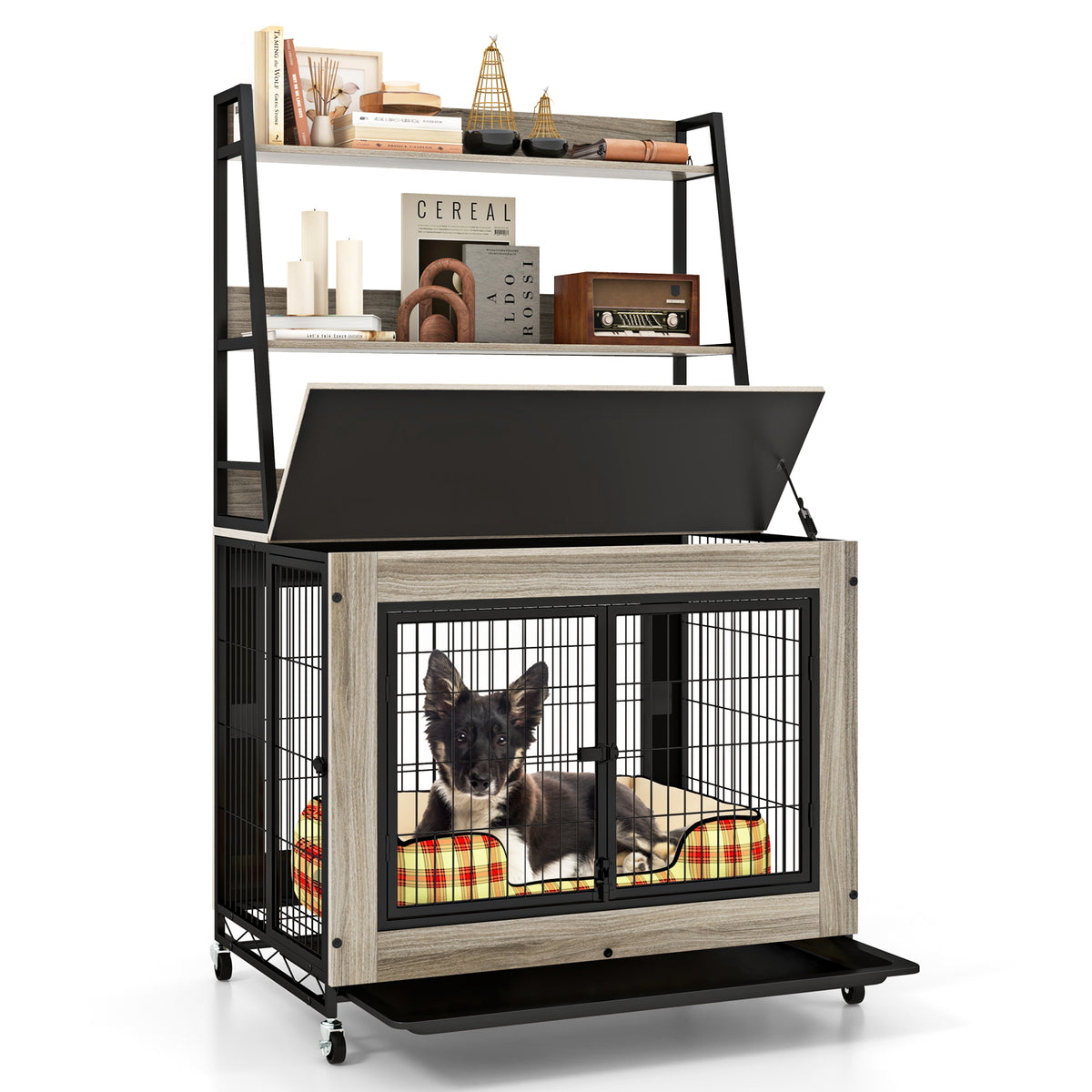 Gray Industrial Dog Kennel with Storage Shelf and Adjustable Side Door